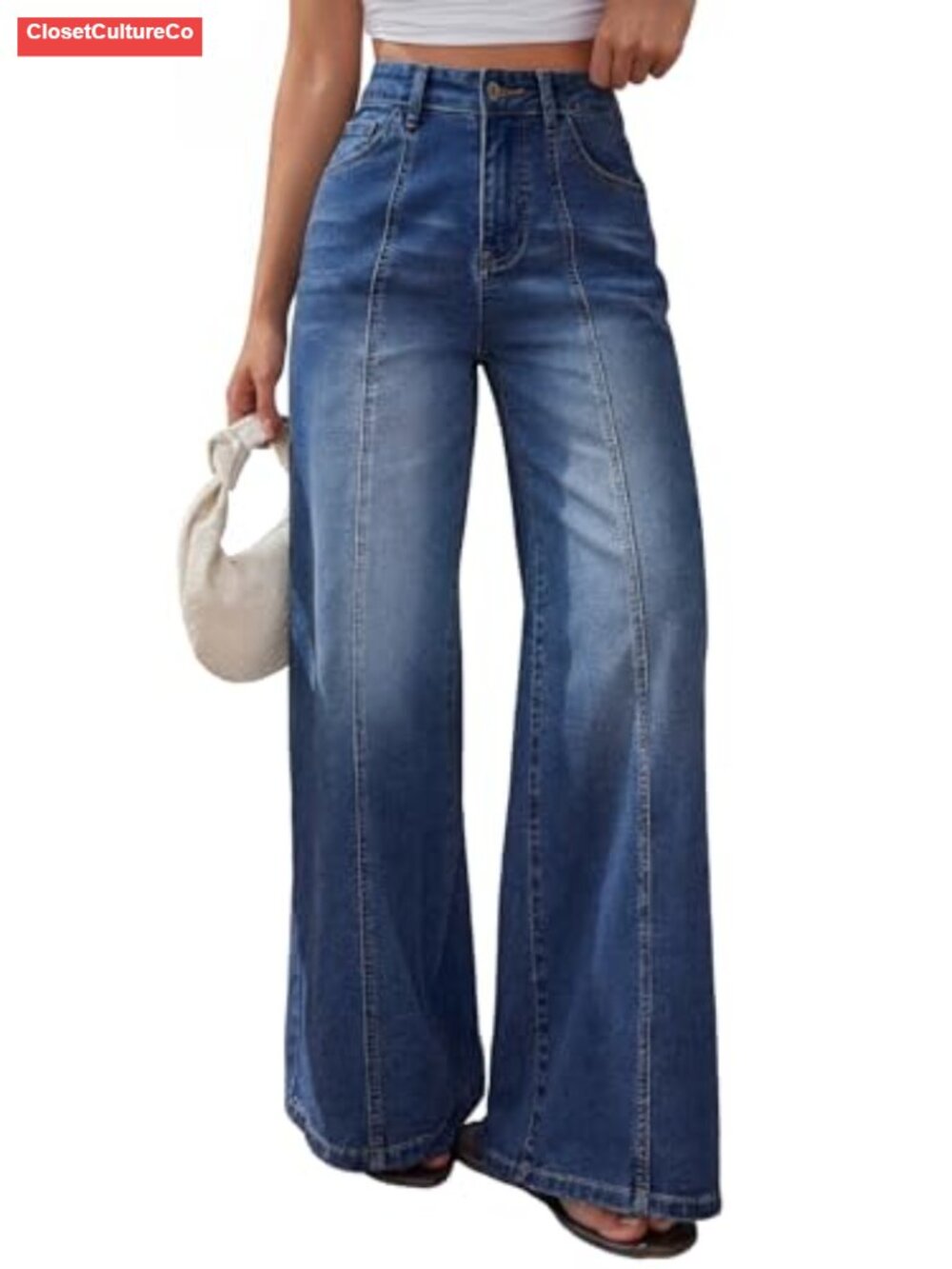 Wide Leg Baggy Jeans High Waisted Front Seam Cotton Blend Pants